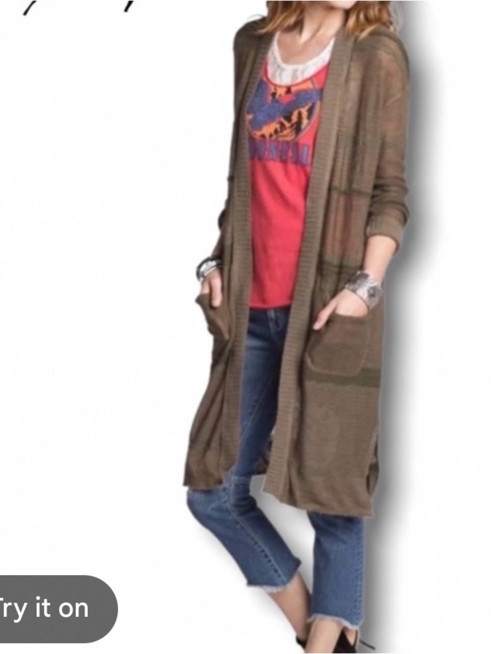 Free People High Tide Linen Open Front Duster Long Cardigan XS Brown Bohemian